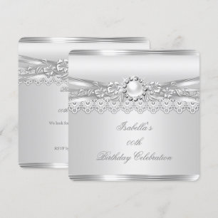 Elite Silver White Pearl Lace Floral Birthday Invitation