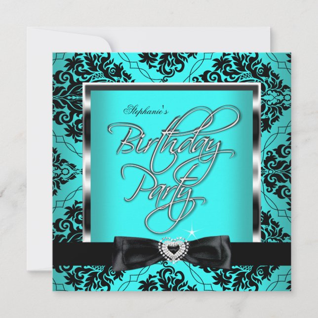 Elite Teal Blue Damask Silver Black Birthday Party Invitation (Front)
