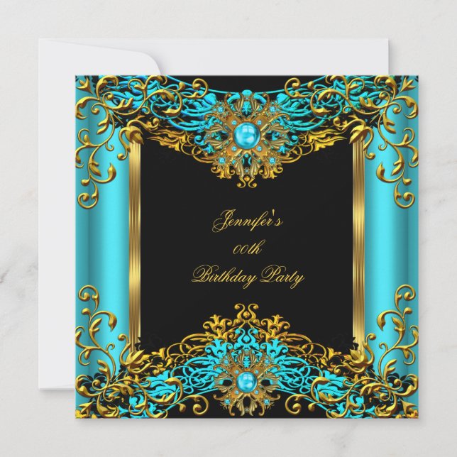Elite Teal Blue Gem Gold Black Birthday Party 2 Invitation (Front)