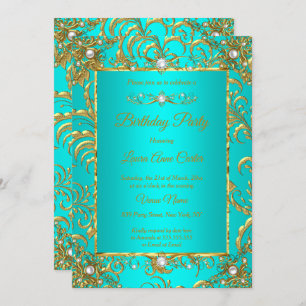 Elite Teal Blue Gold Damask Pearl Birthday Party Invitation