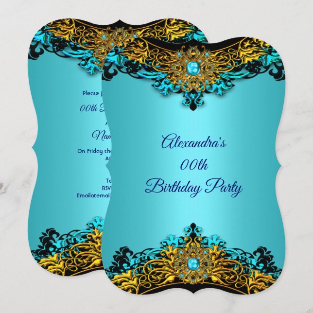 Elite Teal Blue Pearl Gold Black Birthday Party Invitation (Front/Back)