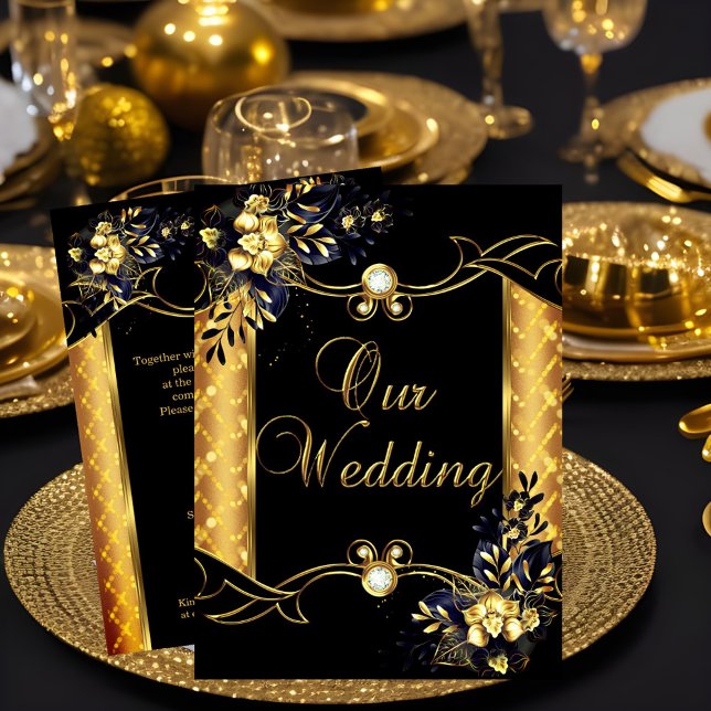 Elite Wedding Gold Black Floral Diamonds  Invitation (Creator Uploaded)