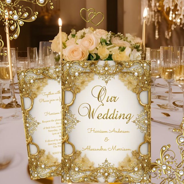 Elite Wedding Gold White beige Cream Pearls Frame Invitation (Creator Uploaded)