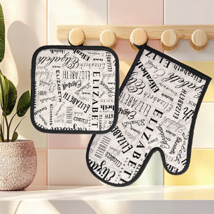 Elizabeth Black White Custom Name Oven Mitt & Pot Holder Set