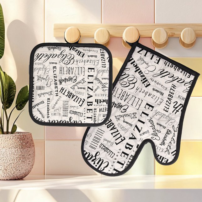 Elizabeth Black White Custom Name Oven Mitt & Pot Holder Set (Creator Uploaded)