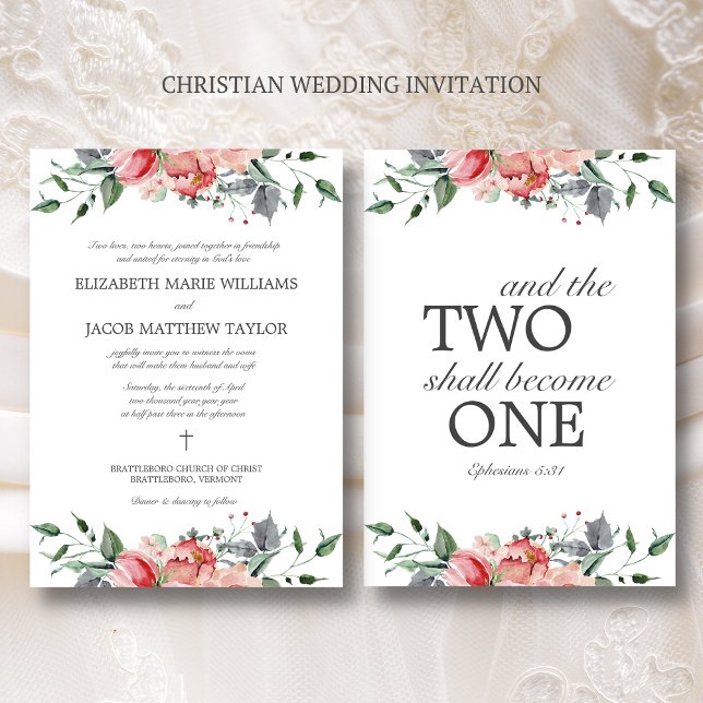 Elizabeth Elegant Pink Flowers Christian Wedding Invitation (Christian wedding invitation with Bible verse on back.)