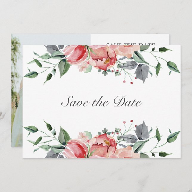 Elizabeth Elegant Pink Flowers Wedding Save The Da Save The Date (Front/Back)