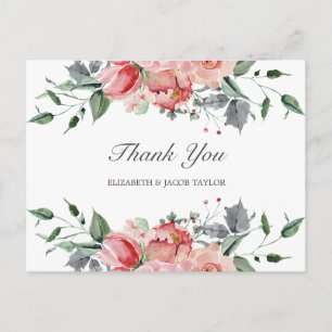 Elizabeth Elegant Pink Flowers Wedding Thank You Postcard