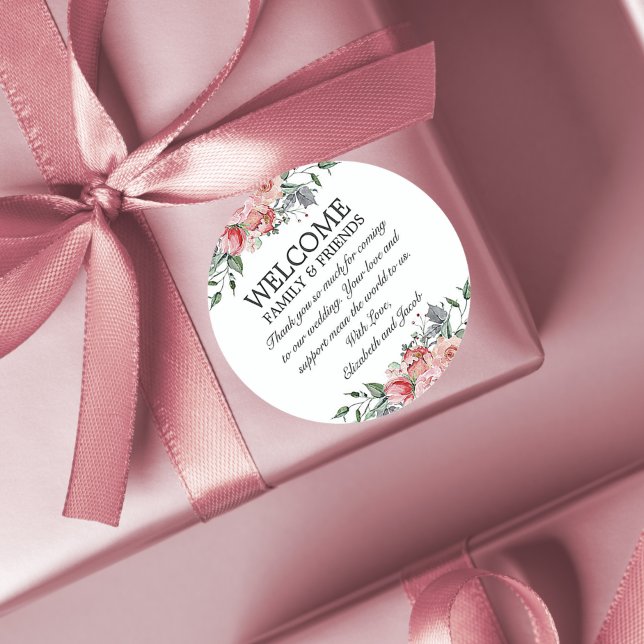 Elizabeth Pink Floral Wedding Welcome Bag  Classic Round Sticker (Creator Uploaded)