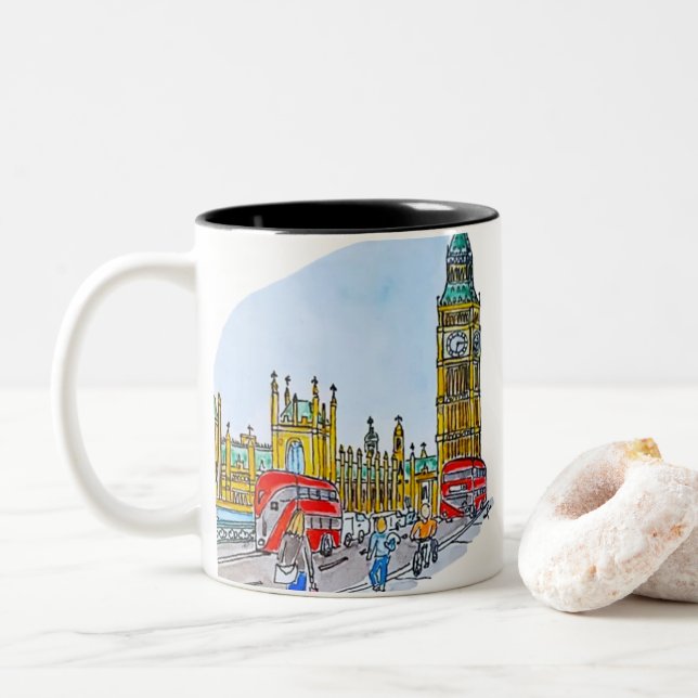 Elizabeth Tower, aka Big Ben Two-Tone Coffee Mug (With Donut)