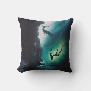 Elk Antlers Magical Witchy Green Portal AI Art Cushion