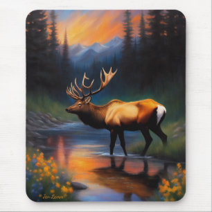 Elk at Mountain Stream Beautiful Painting Mouse Pad