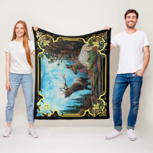 Elk, bull and cow in Montana forest Fleece Blanket