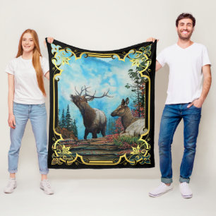 Elk, bull and cow in Montana forest Fleece Blanket