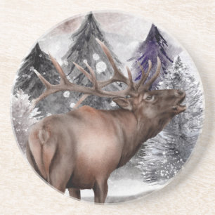 Elk Deer Watercolor Winter Forest Stone Coaster