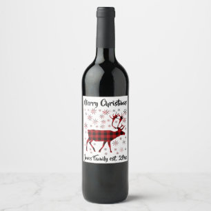 Elk design, snowflakes, red buffalo plaid pattern wine label