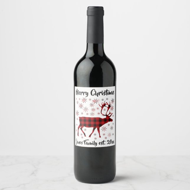 Elk design, snowflakes, red buffalo plaid pattern wine label (Front)