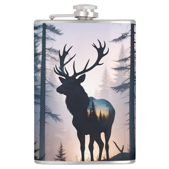 Elk Double Exposure Animal Nature Wilderness Wild Hip Flask (Front)