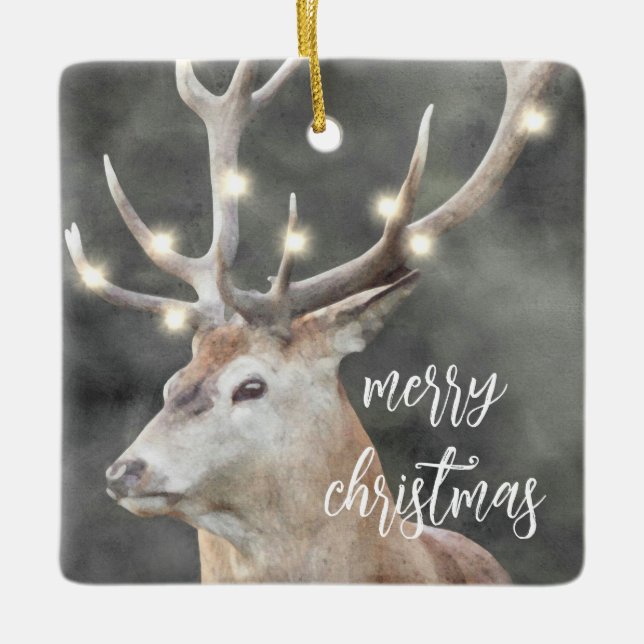 Elk  Glowing Light Antlers Rustic Holiday Ceramic Ornament (Front)