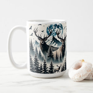 Elk in a Mystical Forest Under a Moonlit Mountain Coffee Mug