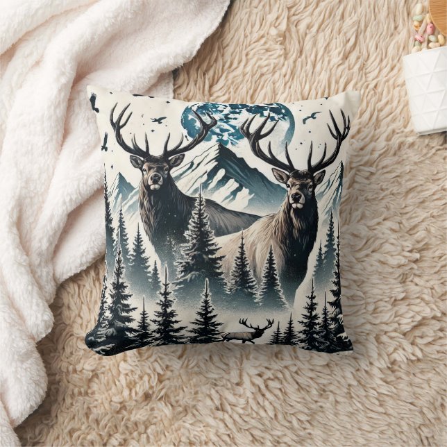 Elk in a Mystical Forest Under a Moonlit Mountain Cushion (Blanket)