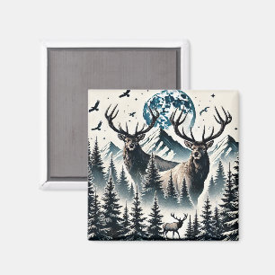 Elk in a Mystical Forest Under a Moonlit Mountain Magnet