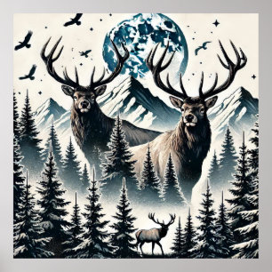 Elk in a Mystical Forest Under a Moonlit Mountain Poster