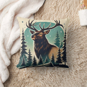 Elk in Stylised Forest with Starry Night Sky Cushion
