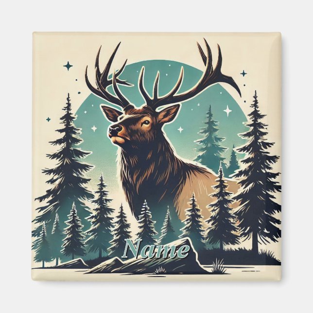 Elk in Stylised Forest with Starry Night Sky Magnet (Front)