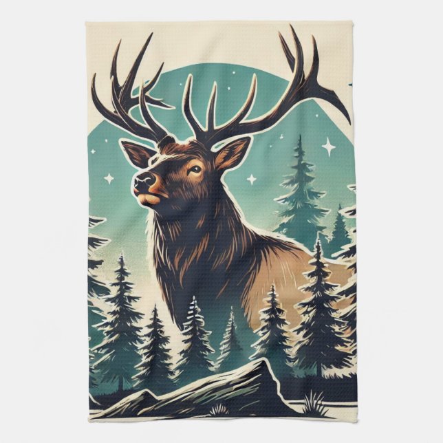 Elk in Stylised Forest with Starry Night Sky Tea Towel (Vertical)