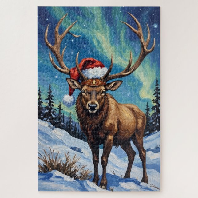Elk Noble Bull Under the Northern Lights Hat Jigsaw Puzzle (Vertical)