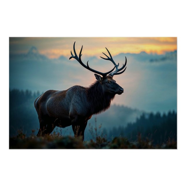 Elk on a Ridge at Dawn Poster (Front)