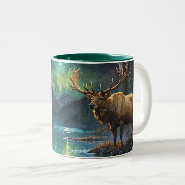 Elk (Wapiti)) & Northern Lights Two-Tone Coffee Mug (Front Right)