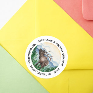 Elk Watercolor Forest Trees Round Return Address Classic Round Sticker