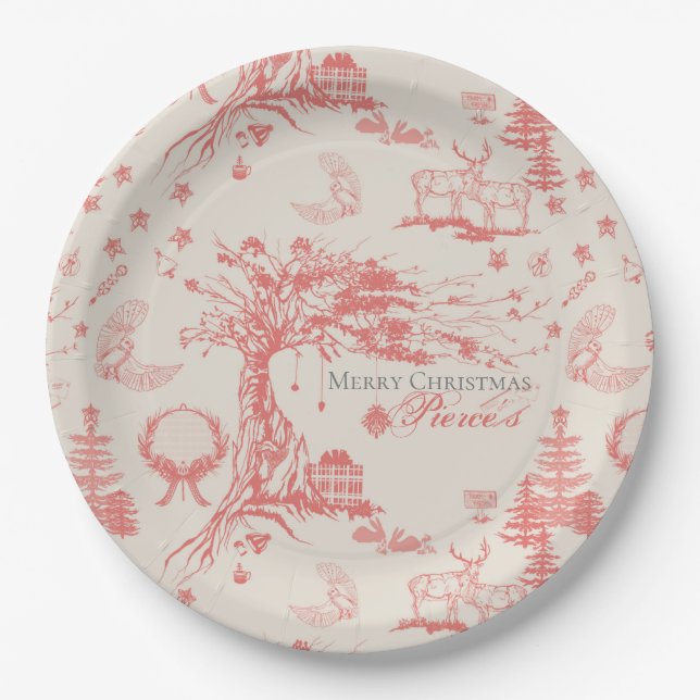Elk Woods French Toile in Red with Personalisation Paper Plate (Front)