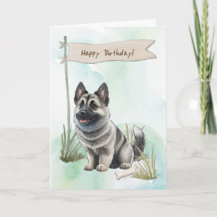 Elkhound Dog Outdoors Under Birthday Sign Card
