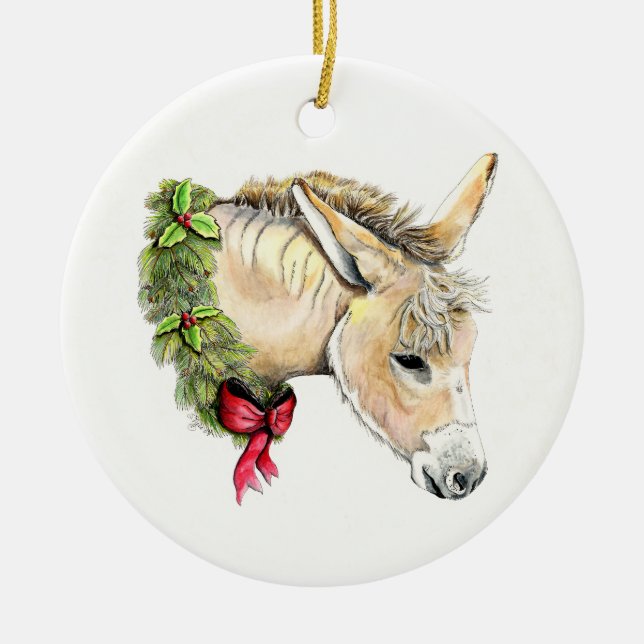 Ella the Christmas Donkey Ceramic Ornament (Front)