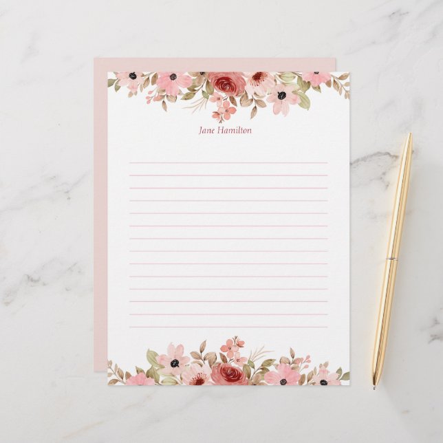 ELLE Pink Flower Elegant Lined Custom Letterhead (Front/Back In Situ)