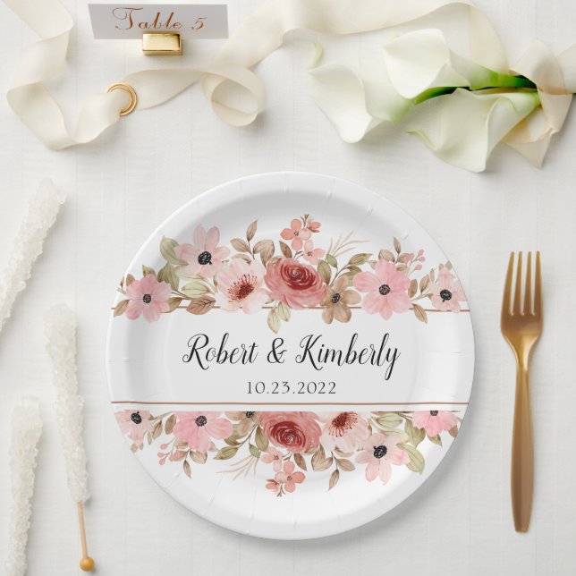 ELLE Pink Flower Elegant Wedding Paper Plate (Wedding)