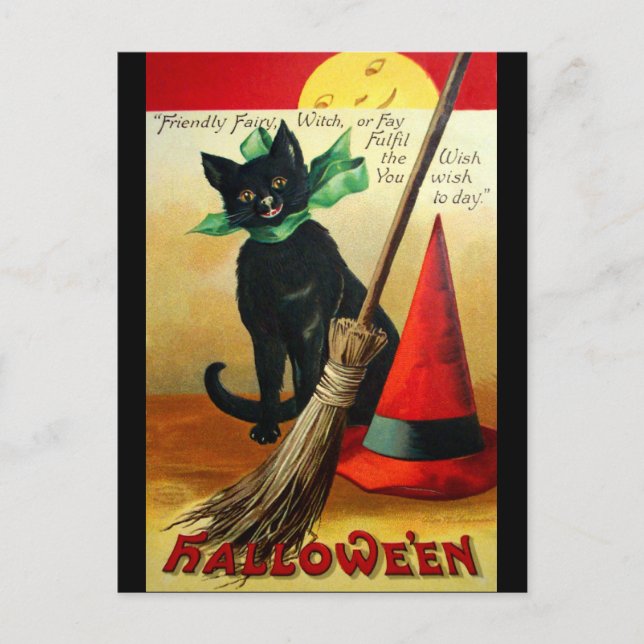 Ellen H. Clapsaddle: Black Cat, Broom and Hat Postcard (Front)