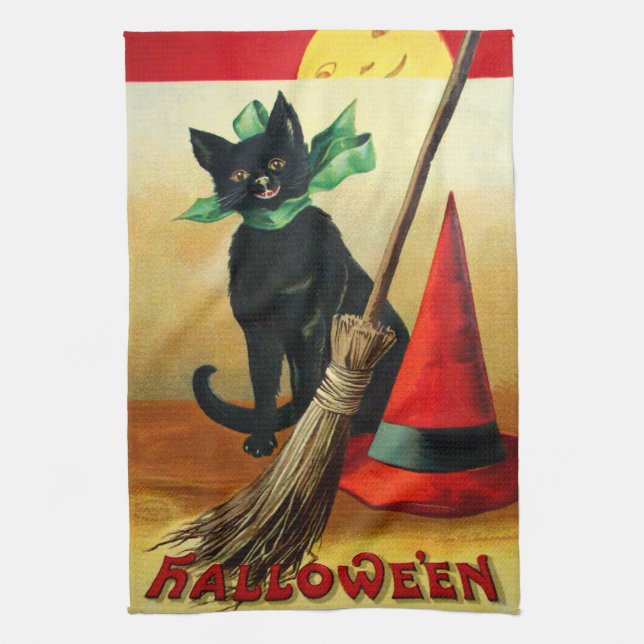 Ellen H. Clapsaddle: Black Cat, Broom and Hat Tea Towel (Vertical)