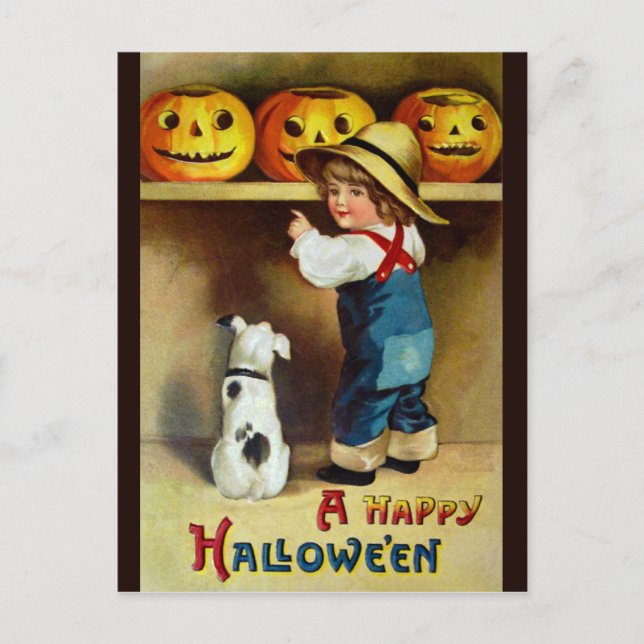 Ellen H. Clapsaddle: Boy, Dog and Jack O'Lanterns Postcard (Front)