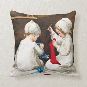 Ellen H. Clapsaddle: Girls Stitching Stockings Cushion