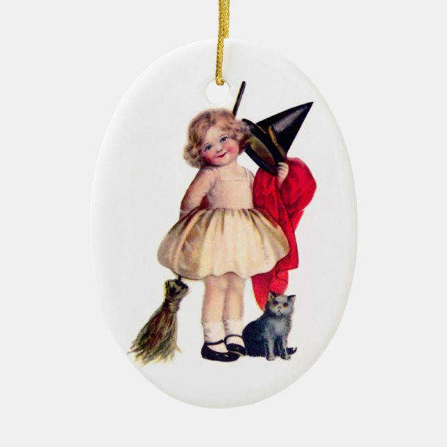 Ellen H. Clapsaddle: Little Witch with Cat Ceramic Tree Decoration (Front)