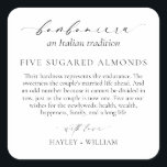 Ellesmere An Italian Tradition 5 Sugared Almonds Square Sticker<br><div class="desc">These sugared almonds wedding favour stickers feature a minimalist design and calligraphy heading. Personalise the stickers with your names,  the script heading is not editable. For more advanced customisation of this design,  simply select the "Customise It" button above.</div>