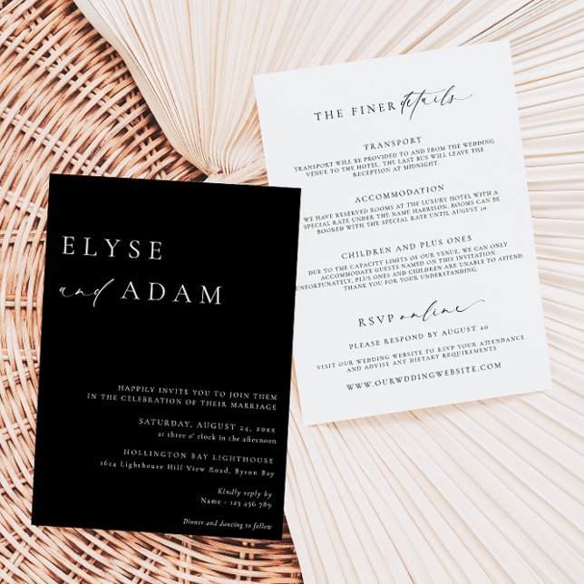 Ellesmere Black Minimalist Wedding Invitation (Ellesmere Black Wedding All In One Invitation)