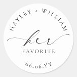 Ellesmere Her Favourite Favour Classic Round Stick Classic Round Sticker<br><div class="desc">These wedding favour stickers feature a minimalist design and calligraphy heading. Personalise the stickers with your names and date, the script heading is not editable. These favour stickers can be used for weddings, bridal showers, baby showers, birthdays, or any other event. For more advanced customisation of this design, simply select...</div>