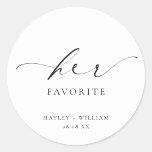 Ellesmere Her Favourite Favour Classic Round Stick Sticker<br><div class="desc">These wedding favour stickers feature a minimalist design and calligraphy heading. Personalise the bags with your names and date, the script heading is not editable. These favour stickers can be used for weddings, bridal showers, baby showers, birthdays, or any other event. For more advanced customisation of this design, simply select...</div>