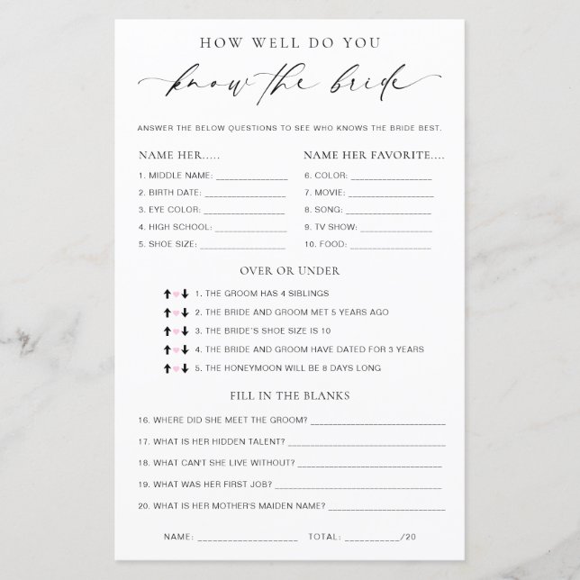 Ellesmere How Well Do You Know The Bride Game (Front)