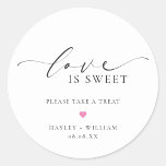 Ellesmere Love Is Sweet Wedding Favour Classic Round Sticker<br><div class="desc">These wedding favour stickers feature a minimalist design and calligraphy heading. Personalise the bags with your names and date, the script heading is not editable. These favour stickers can be used for weddings, bridal showers, baby showers, birthdays, or any other event. For more advanced customisation of this design, simply select...</div>